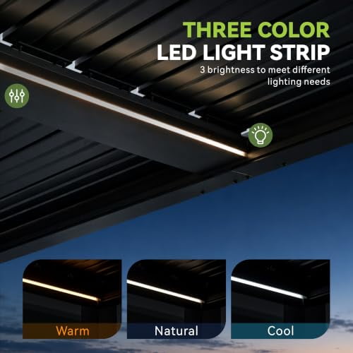 Sunmthink 9' x 12' Motorized Louvered Patio Pergola with Dual Adjustable Roof Panels, Built-In LED Lighting, Ceiling Fan & Outdoor Power Outlet, All-Weather Frame