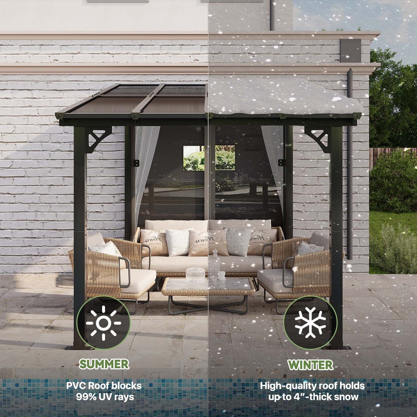 Clouddwell 8'x 10' Wall-Mounted Gazebo Pergola with Aluminum Top Frame & Polycarbonate Panel, Large Heavy-Duty Awnings for Backyard Black