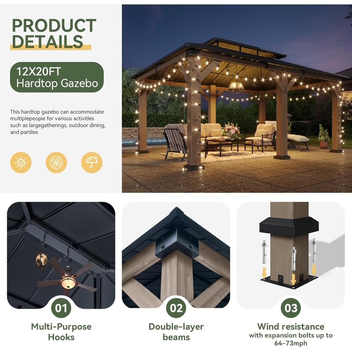 Aoxun 12' x 20' Outdoor Wood Gazebo, Hardtop Gazebo Permanent Wooden Pavilion with Galvanized Steel Double Roof, for Patio, Garden, Backyard, Cedar Wood