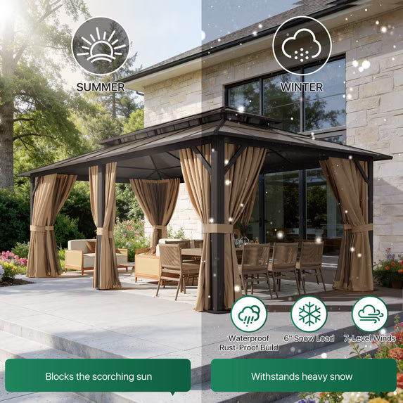 Clouddwell 12'x20' Hardtop Gazebo - Polycarbonate Double Roof with Netting & Curtains for Patio, Garden Sun Protection,Brown