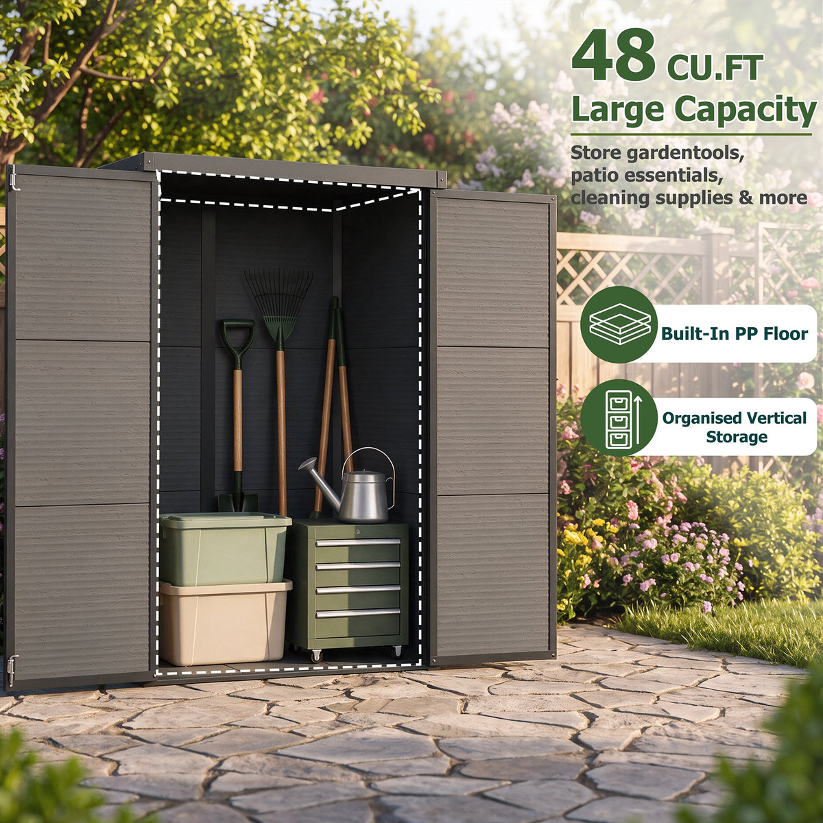 Dateyes 4.4X2.2 FT Resin Outdoor Storage Shed, 48 Cu.ft Waterproof Plastic Storage Sheds with Floor, Weather-Resistant Vertical Outdoor Storage Cabinet with Lockable Doors, Black