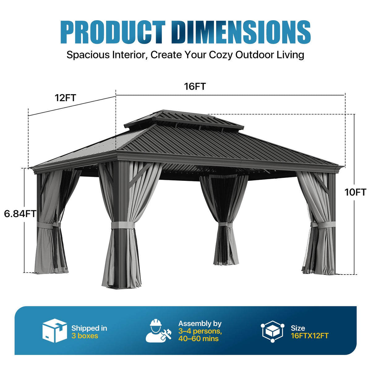 Sunmthink 12' x 16' Outdoor Hardtop Gazebo, Galvanized Steel Double Roof Gazebo with Curtain and Netting