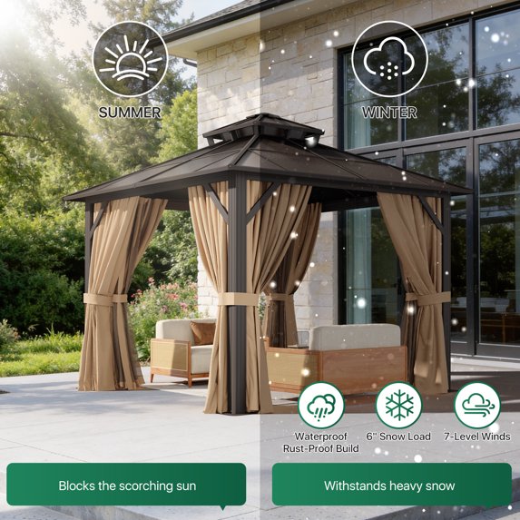 Clouddwell 10'x10' Hardtop Gazebo - Polycarbonate Double Roof with Netting & Curtains for Patio, Garden Sun Protection,Brown