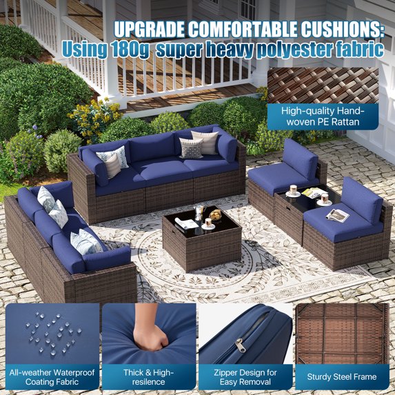 Sunmthink Patio Furniture Sets, 10-Piece Outdoor Patio Furniture with Thick Cushions, Wicker Outdoor Conversation Set and Waterproof Cover for Backyard, Poolside, Garden