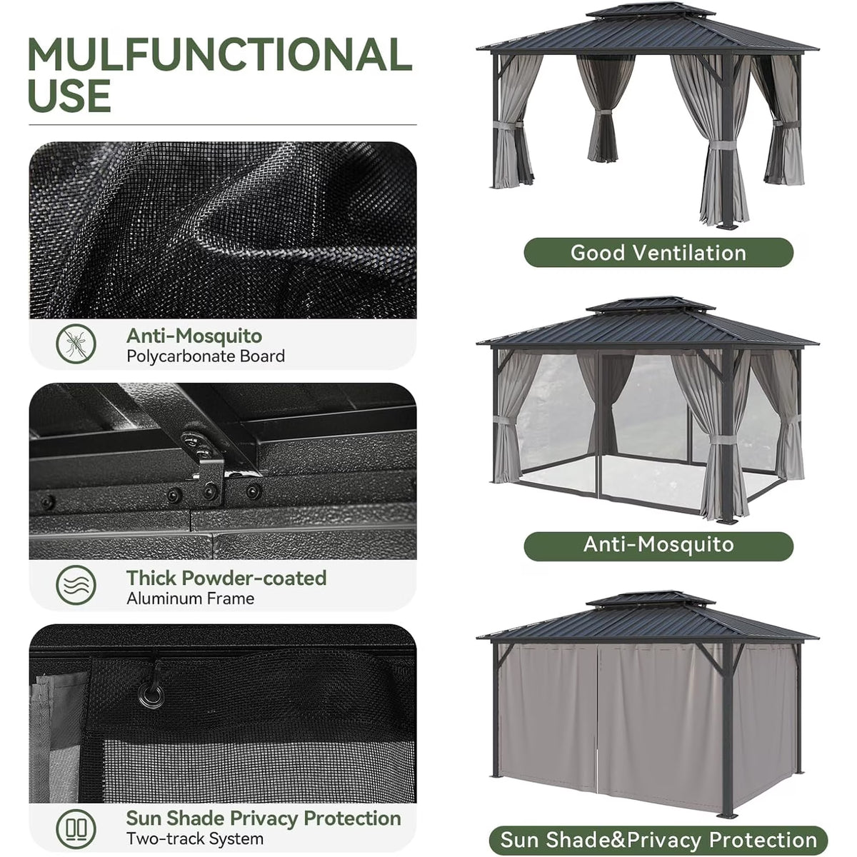Aoxun 10'x12' Hardtop Gazebo, Aluminum Frame Canopy with Double Galvanized Steel Roof, Outdoor Metal Pavilion with Netting, and LED Outdoor Waterproof Hanging Lights