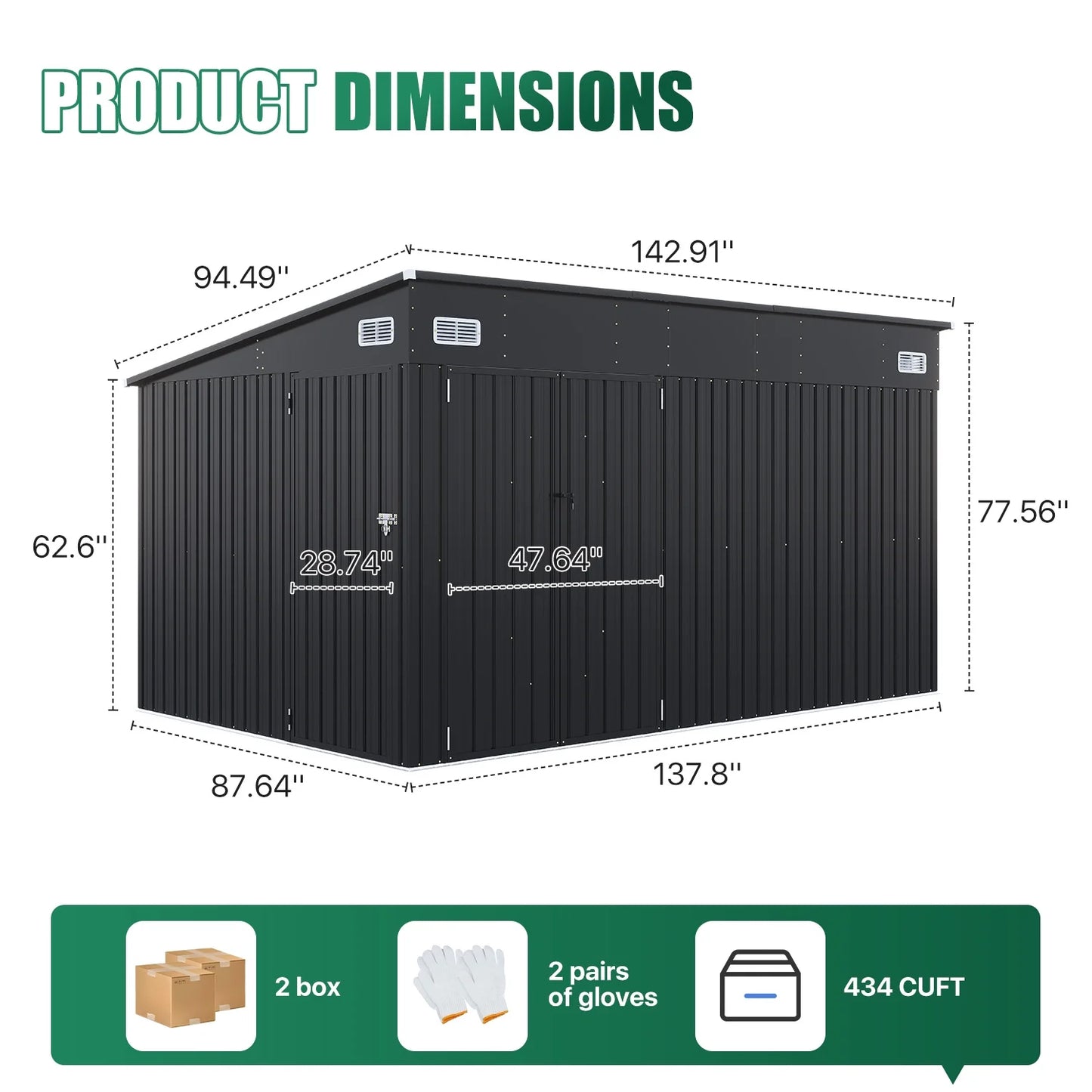 Clouddwell 12ft x 8ft Heavy-Duty Metal Storage Shed with 3 Doors, Lockable Lean-To Design, Weatherproof for Garden & Tools (Black)