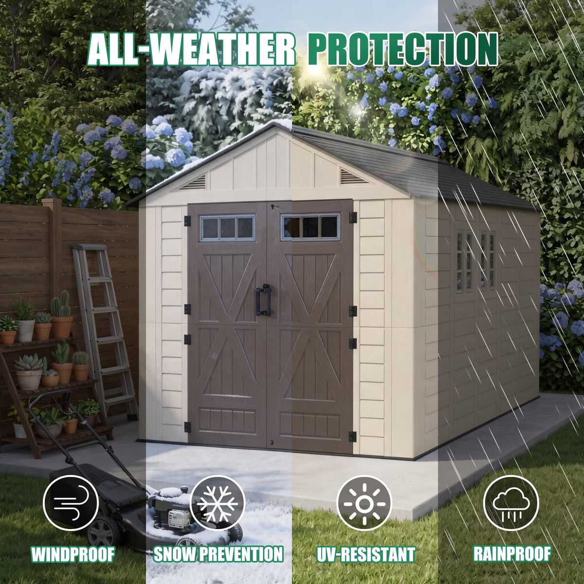Clouddwell 8x12 FT Outdoor Storage Shed with Floor, HDPE Resin Garden Storage House with Double Doors, Windows & Ventilation, Heavy Duty Backyard Tool Shed for Lawn Equipment and Garden Supplies