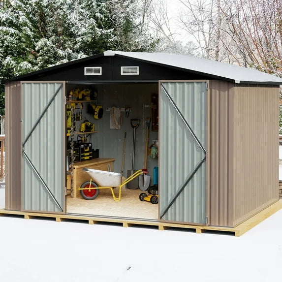 Sunmthink 7.6 x 9.7 FT Outdoor Storage Shed with Base Frame, Metal Shed with Lockable Door, Tool Shed for Garden, Backyard, Patio, Lawn(Floor included)