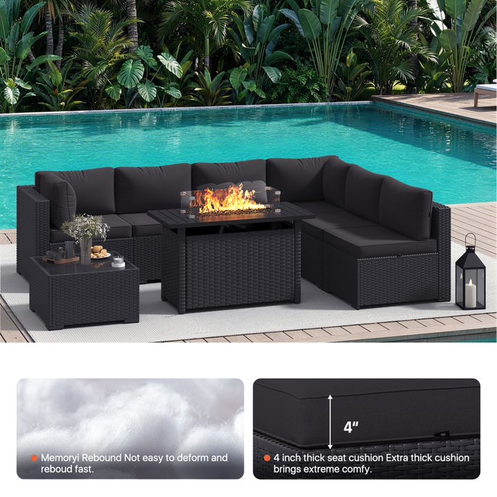 Dateyes 8-Piece Patio Furniture Set with Fire Pit, All-Weather Wicker Rattan Outdoor Sectional Sofa Set with Coffee Table (Black)