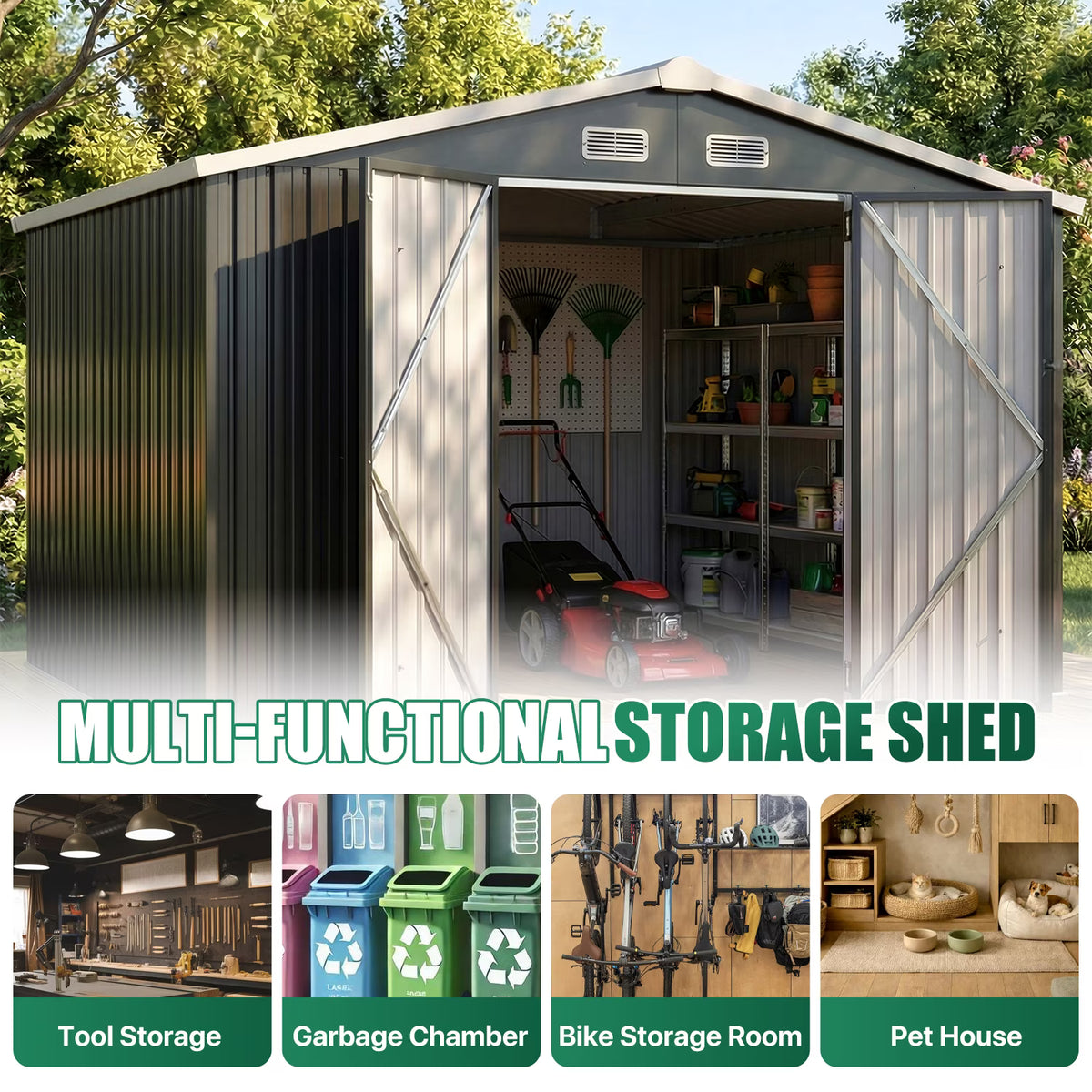 LazySunsets 10 x 8FT Shed Outdoor Storage Shed with Double Door, Large Metal Shed with Lockable Door & Sloped Roof for Garden, Backyard, Patio and Backyard, Black