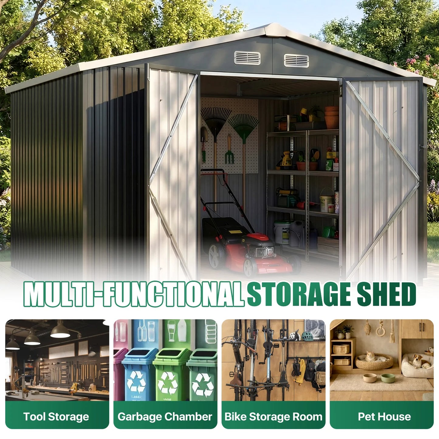 Clouddwell 10 x 8 FT Shed Outdoor Storage Shed with Double Hinged Large Door, Large Metal Shed with Lockable Door & Sloped Roof for Garden, Patio and Backyard, Black