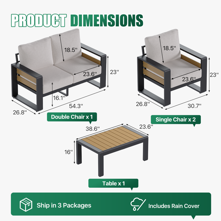 4-Seats Aluminum Patio Furniture Set, Outdoor Metal Sofa Conversation Set with Coffee Table for Pool Garden Porch Backyard, Light Gray
