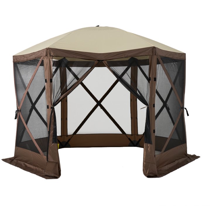 Sunmthink 10x10 FT Pop-up Gazebo Screen Tent, 6-Sided Camping Canopy Shelter with Waterproof UV-Blocking Top, Includes Carry Bag & Accessories for Outdoor Backyard & Lawn, Brown