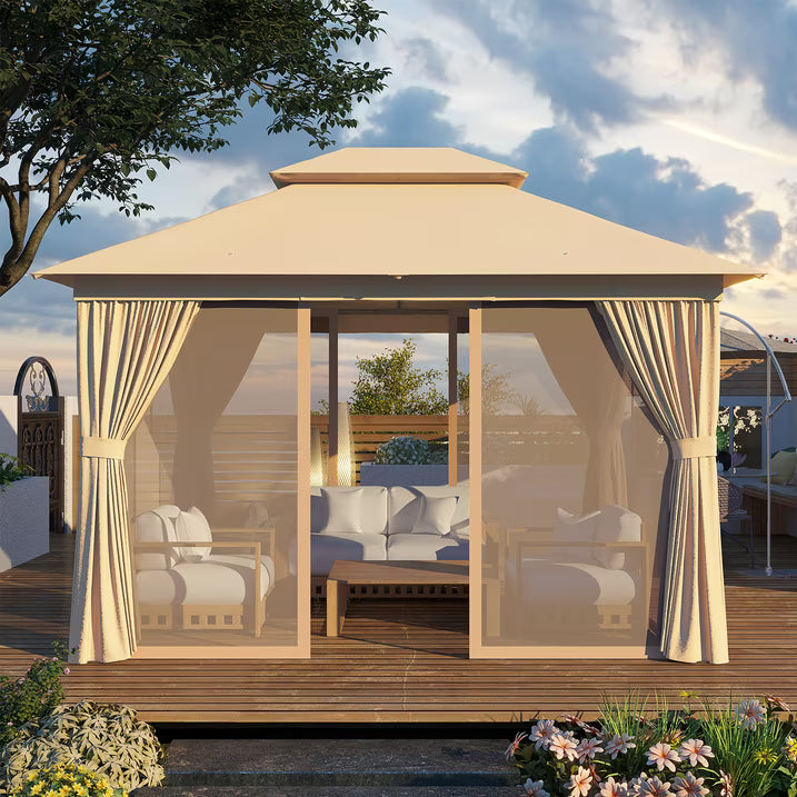 Sunmthink Outdoor Gazebo for Patio 10'x12', Metal Frame Canopy with Double Roofs, Heavy Duty Party Tent and Shelter with Mosquito Netting and Privacy Screen for Backyard,Garden,Deck (Beige)
