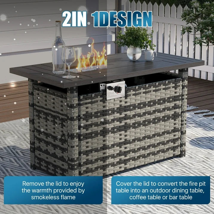 Sunmthink Patio Furniture Sets, 15-Piece Outdoor Patio Furniture with 44'' Propane Gas Firepit Table, Wicker Outdoor Conversation Set and Waterproof Cover for Backyard, Poolside, Garden