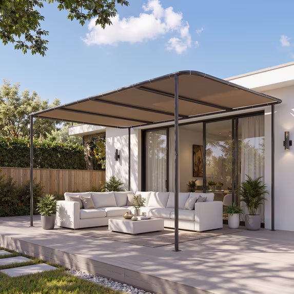 Dateyes 10'x10' Wall-Mounted Metal Gazebo , Water-Resistant Khaki Canopy with UV Protection for Patio & Garden