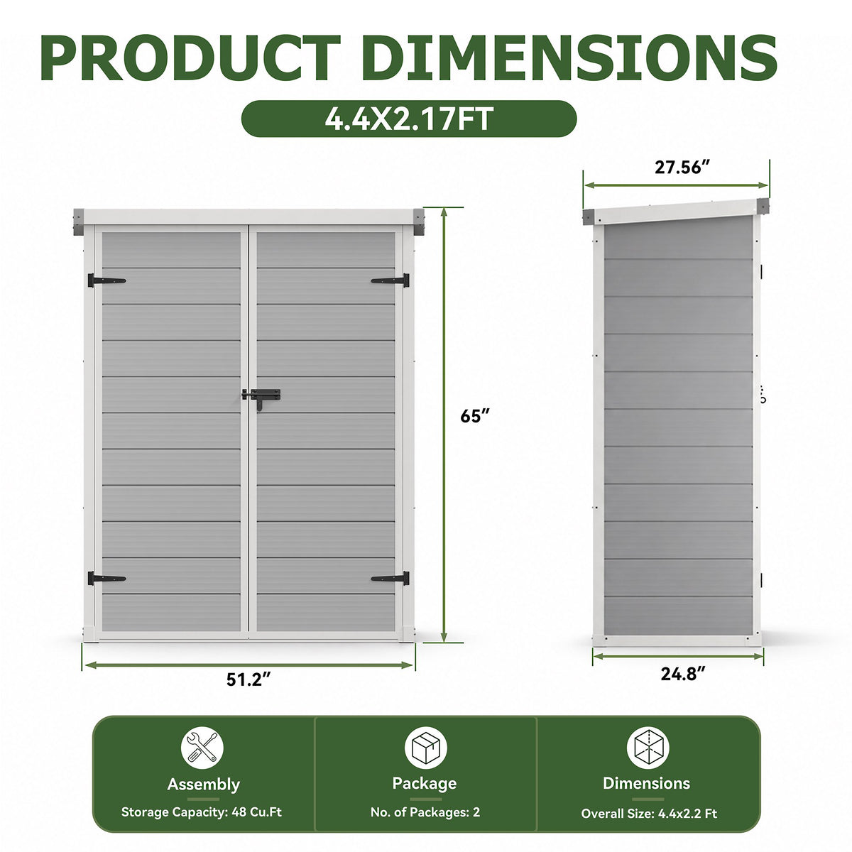 Dateyes 4.4X2.2 FT Resin Outdoor Storage Shed, 48 Cu.ft Waterproof Plastic Storage Sheds with Floor, Weather-Resistant Vertical Outdoor Storage Cabinet with Lockable Doors, Gray