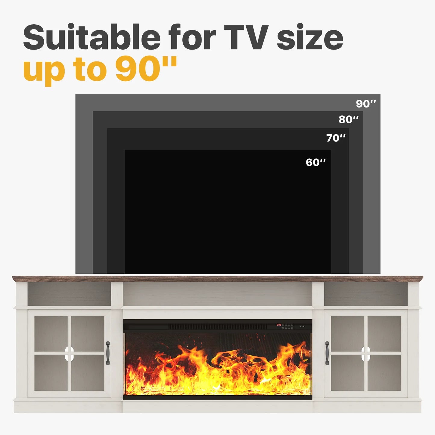 Sonegra 80 inch Fireplace TV Stand for TVs up to 90" with Electric Fireplace, Farmhouse Entertainment Center with LED Lights and Glass Door, Modern TV Consoles for Living Room, White