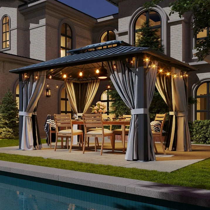 Sumnthink 10'x12' Hardtop Gazebo, Steel Double Galvanized Top Canopy, Aluminum Frame Permanent Pavilion Metal Gazebo with Netting and Curtains, for Patio, Garden, Lawn