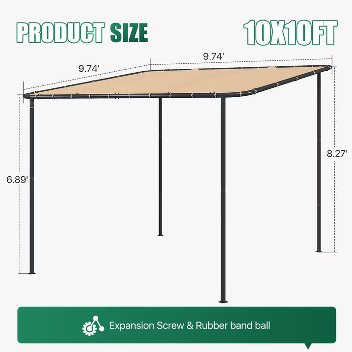 Clouddwell 10×10 FT Wall-Mounted Sloped Roof Outdoor Pergola Canopy, Water-Resistant & UV-Resistant Metal Patio Gazebo for Backyard Garden Porch in Khaki