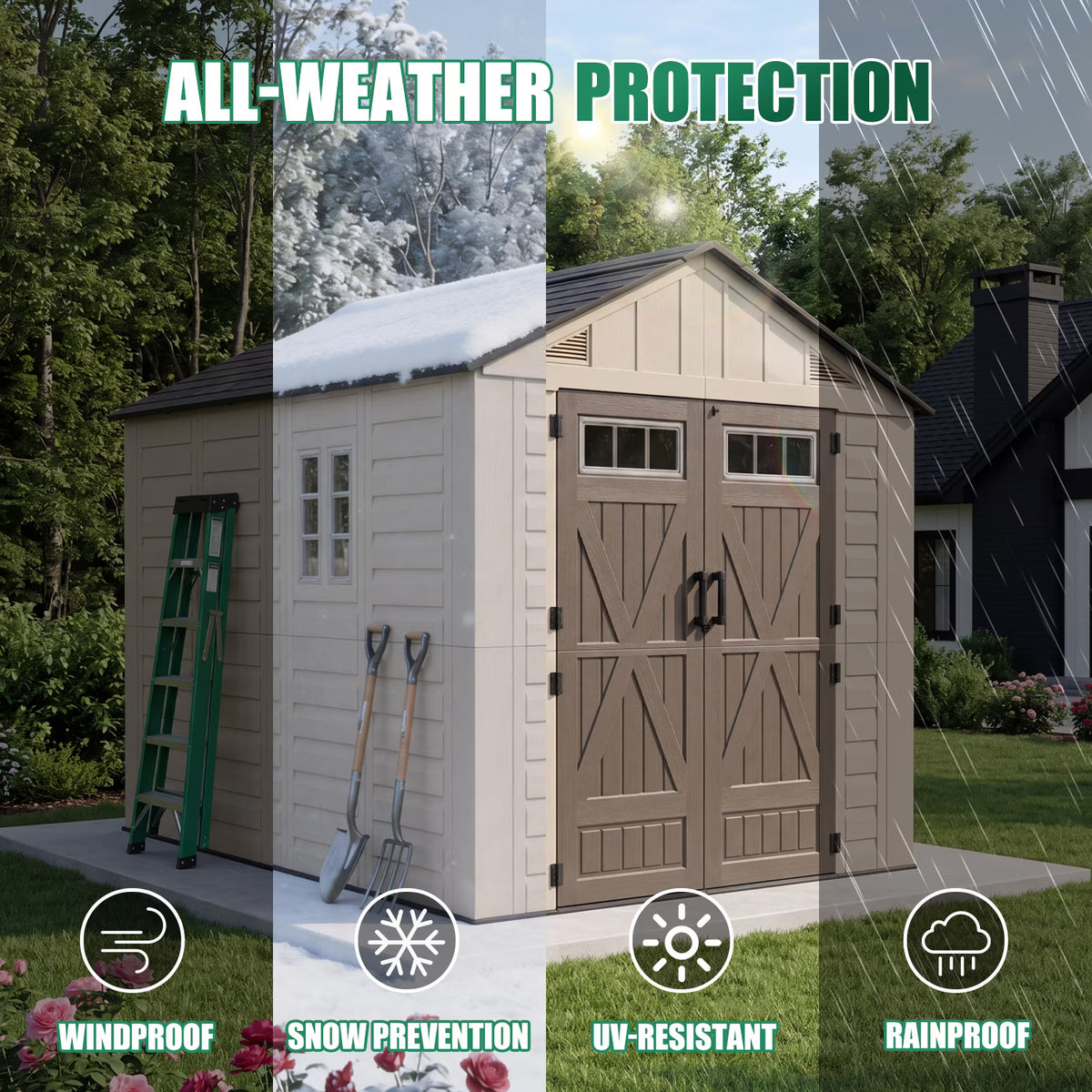 Clouddwell 8x10 FT Outdoor Storage Shed with Floor, HDPE Resin Garden Storage House with Double Doors, Windows & Ventilation, Heavy Duty Backyard Tool Shed for Lawn Equipment and Garden Supplies
