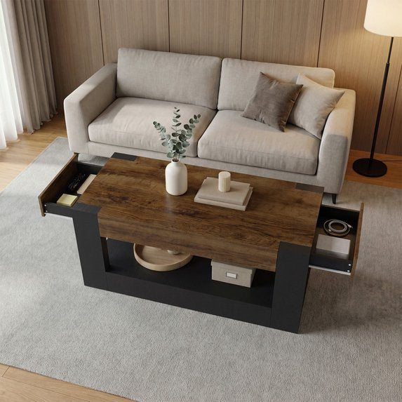 Sonergra Farmhouse Coffee Table with 2 Side Drawers, 47 Inch Rustic Wooden Rectangular Cocktail Table, Multifunctional TV Stand for Living Room,Black