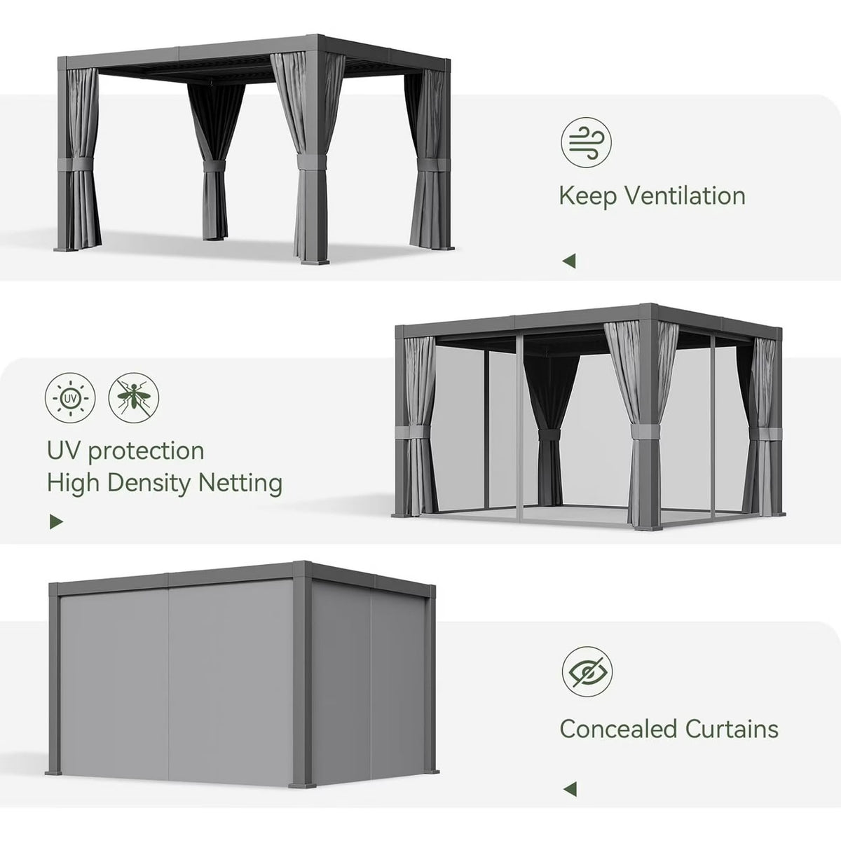Clouddwell 12' × 16' Adjustable Louvered Pergola, Outdoor Aluminum Pergola with Curtains & Netting for Backyard, Deck & Poolside, Gray