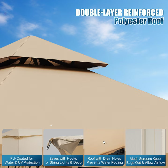 Sunmthink Outdoor Gazebo for Patio 8'x8', Metal Frame Canopy with Double Roofs, Heavy Duty Party Tent and Shelter with Mosquito Netting and Privacy Screen for Backyard,Garden,Deck (Beige)
