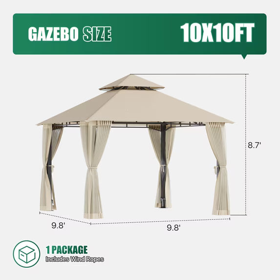 LazySunsets 10'x 10' Patio Gazebo Double Roof Protection All-Weather Outdoor Shelter Features Insect Screens for Backyard, Lawn, (Beige)