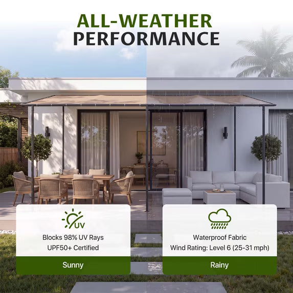 Dateyes 16'x12' Wall-Mounted Metal Gazebo , Water-Resistant Khaki Canopy with UV Protection for Patio & Garden