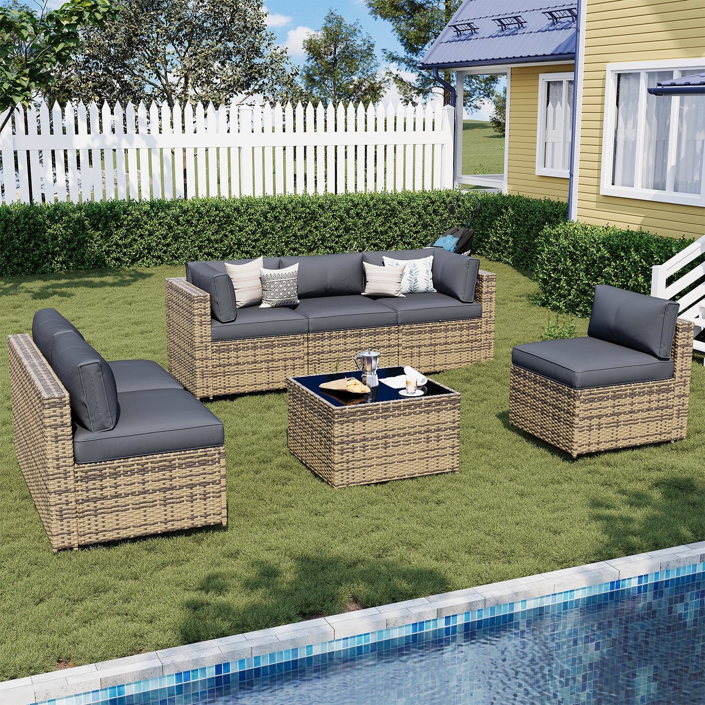 Sunmthink Patio Furniture Sets, 7-Piece Outdoor Patio Furniture with Thick Cushions, Wicker Outdoor Conversation Set and Waterproof Cover for Backyard, Poolside, Garden