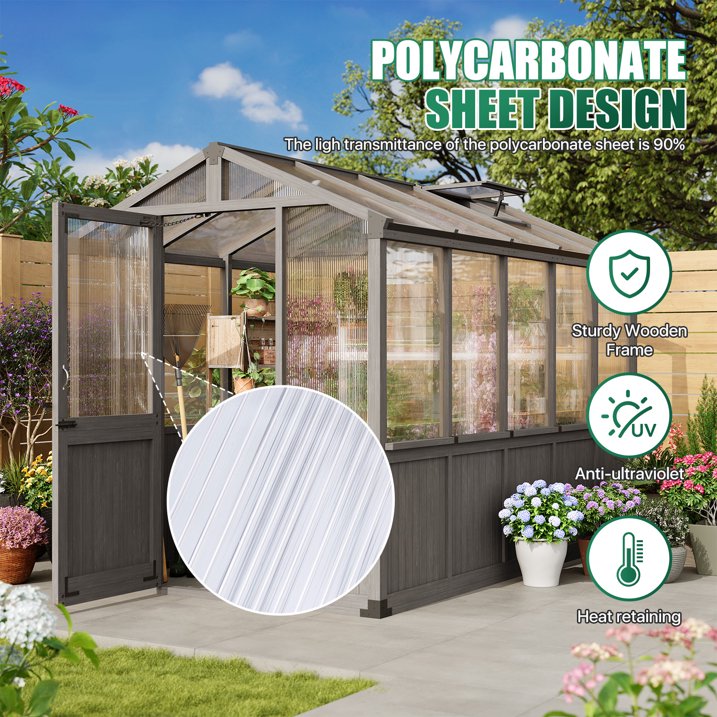 Clouddwell Large Outdoor Wooden Storage Shed, Polycarbonate Panels with Automatic Roof Vent & Lockable Door, Outdoor Walk-in Garden Greenhouse, 6x10 FT, Gray
