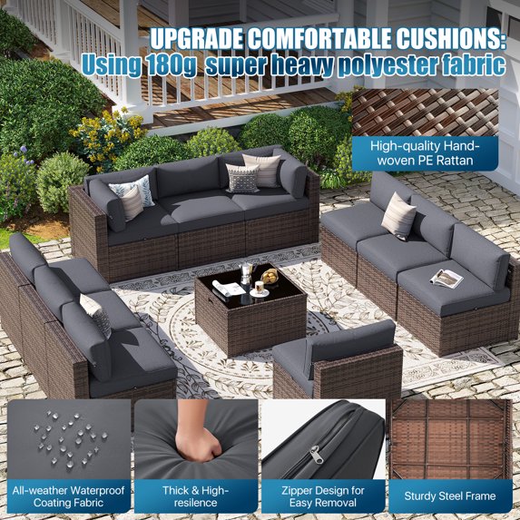 Sunmthink Patio Furniture Sets, 11-Piece Outdoor Patio Furniture with Thick Cushions, Wicker Outdoor Conversation Set and Waterproof Cover for Backyard, Poolside, Garden