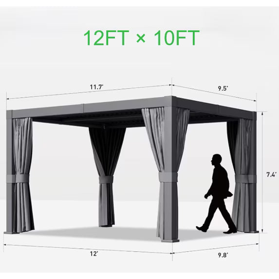 Sunmthink 10' × 12' Adjustable Louvered Pergola, Outdoor Aluminum Pergola with Curtains & Netting for Backyard, Deck & Poolside, Gray