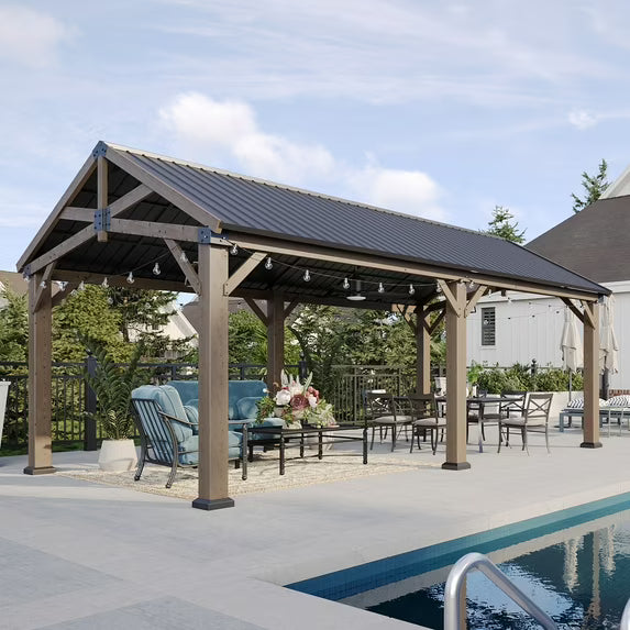 Sunmthink 12' x 20' Outdoor Wood Frame Gazebo, Hardtop Gazebo with Galvanized Steel, Permanent Wooden Pavilion for Patio Backyard Lawn Garden