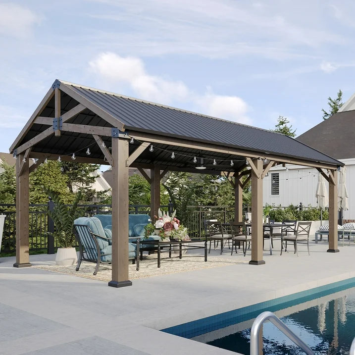 Sunmthink 12' x 20' Outdoor Wood Frame Gazebo, Hardtop Gazebo with Galvanized Steel, Permanent Wooden Pavilion for Patio Backyard Lawn Garden