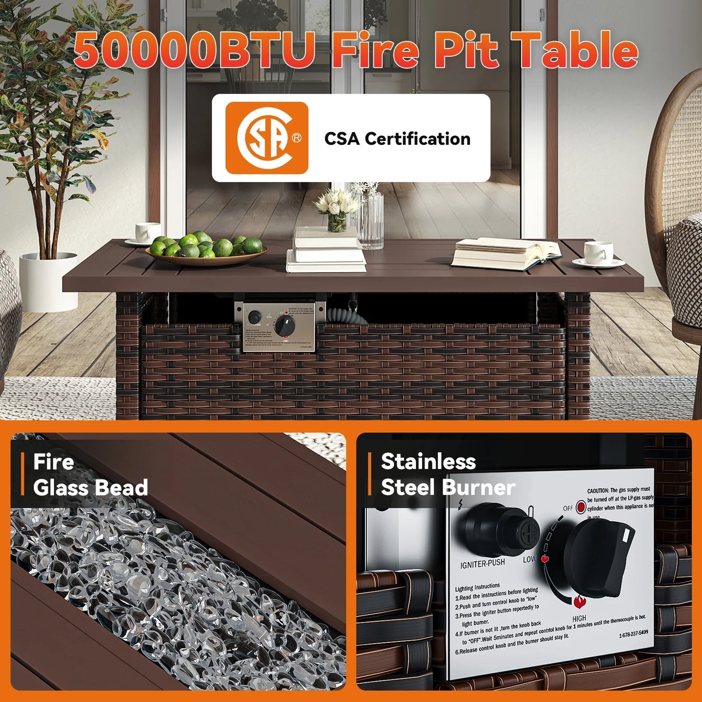 Sunmthink 44'' Fire Table 50,000 BTU Propane Gas Fire Pit Table W/ Cover, Glass Beads, Tank Holder, Gray Wicke