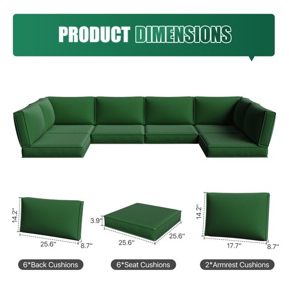 Clouddwell 14-Piece Premium Outdoor Cushion Set, High-Resilience Waterproof Cushions for 6-Seat Wicker Sectional, Comfort Upgrade (Black Green)