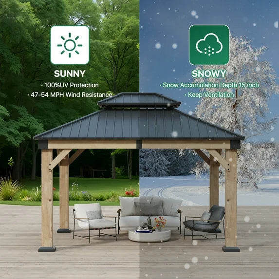 Clouddwell 12*10FT Upgraded Cedar Gazebo,Cedar Hard Roof Gazebo,with Double-Layer Galvanized Steel Roof,Suitable for Backyard,Desk,and Lawn.