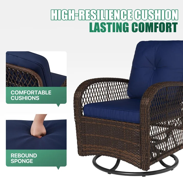 3 Piece Patio Furniture Set Swivel Outdoor Chair Wicker Rattan Patio Conversation Set Outdoor Sectional Sofa Set with Coffee Table and Blue Cushions
