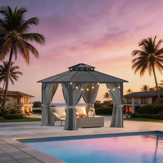 Sunmthink 10' x 10' Hardtop Gazebo,Polycarbonate Double Roof,Aluminum Frame with Curtains and Netting for Patio,Garden,Gray