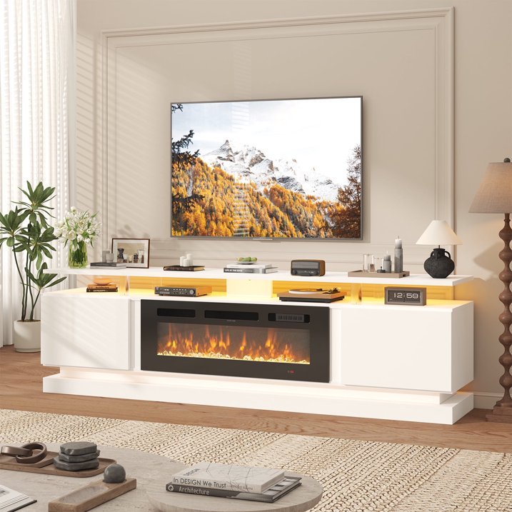Sonegra Fireplace TV Stand with Electric Fireplace up to 90", Entertainment Center with Fireplace, LED 80" Modern TV Console with Storage for Livingroom, White