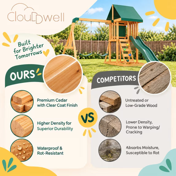 Clouddwell Backyard Wooden Swing Set – Outdoor Playground with Slide, Play Deck, Rock Wall Ladder, Belt Swings & Chalkboard