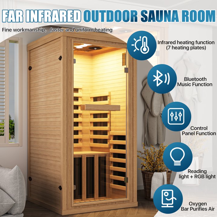 Sunmthink Full Spectrum Infrared Sauna ， 1-Person Home Sauna 1260W Hemlock Wood Spa with Resonance Speaker & Tempered Glass