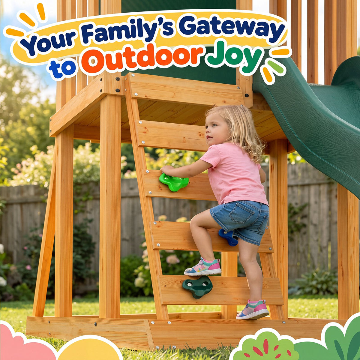 Clouddwell Backyard Wooden Swing Set – Outdoor Playground with Slide, Play Deck, Rock Wall Ladder, Belt Swings & Chalkboard