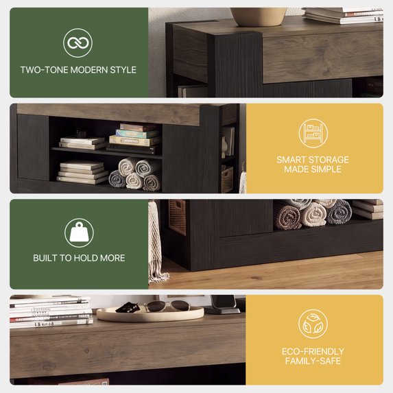 Sonergra Two‑Tone Modern Farmhouse TV Stand for TVs up to 80 Inch 70 Inch Wood Entertainment Center with Cabinets Open Shelves and Cable Holes for Living Room,Black