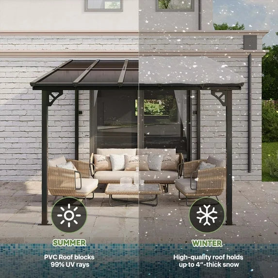 Clouddwell 10'x 10' Wall-Mounted Gazebo Pergola with Aluminum Top Frame & Polycarbonate Panel, Large Heavy-Duty Awnings for Backyard Black