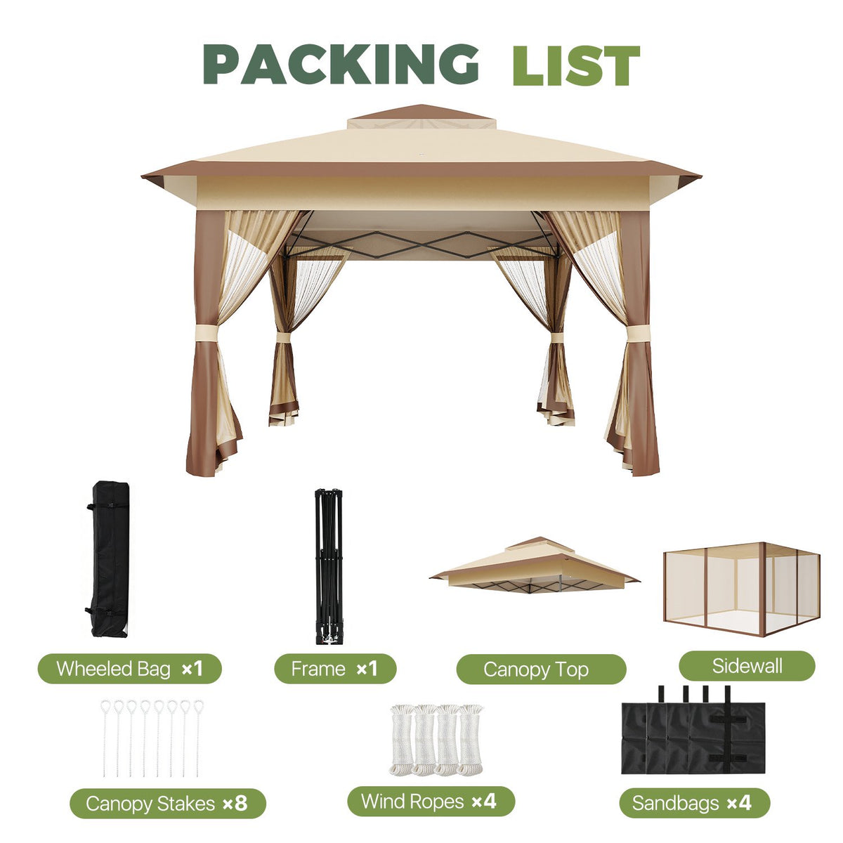 Dateyes 12x12 FT Pop Up Gazebo, Outdoor Gazebo Canopy with Mosquito Netting, 3 Adjustable Heights, Portable Patio Gazebo Tent for Backyard, Patio, Brown