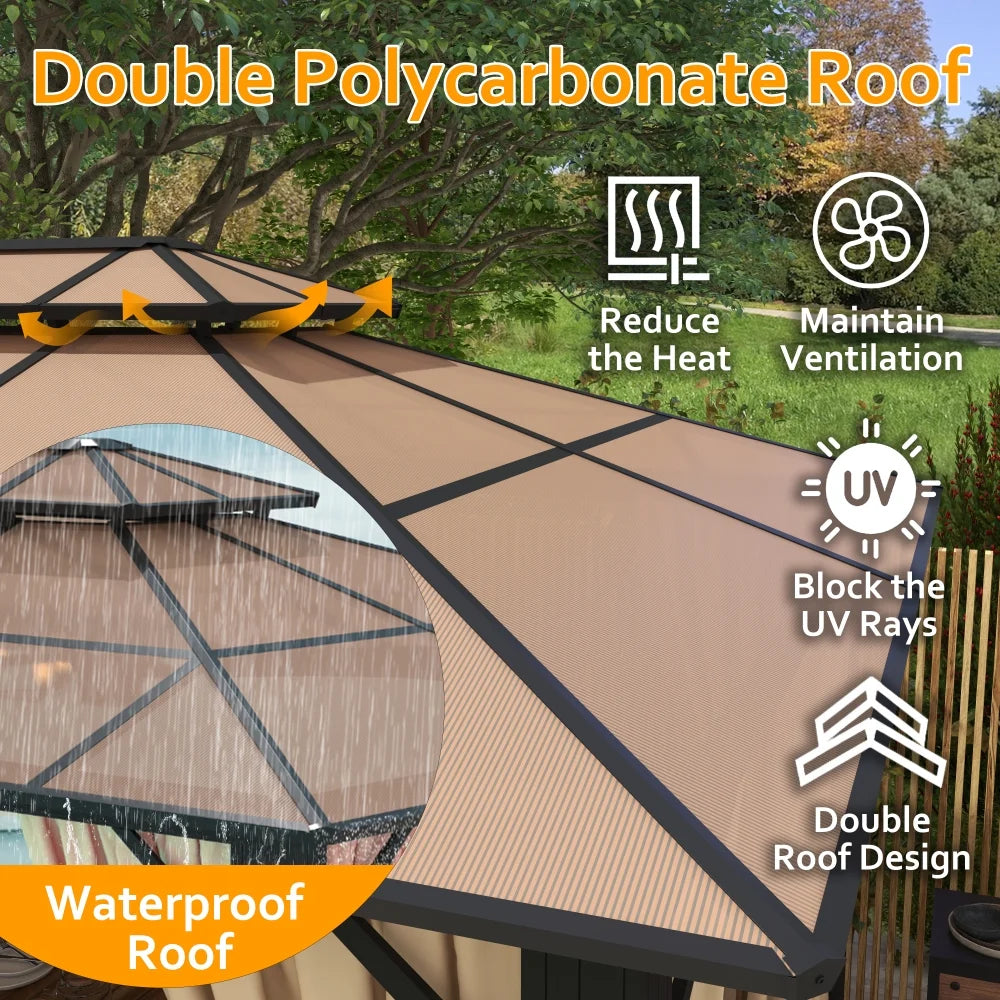 Clouddwell 10x13 ft Patio Hardtop Gazebo, Aluminum Furniture Gazebo with Netting and Curtains for Garden, Brown