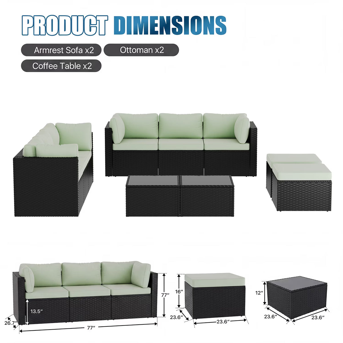 Dateyes 10 Pieces Patio Furniture Set, All-Weather Wicker Rattan Patio Sectional Sofa Set with Coffee Table and Waterproof Cover(Light Green)